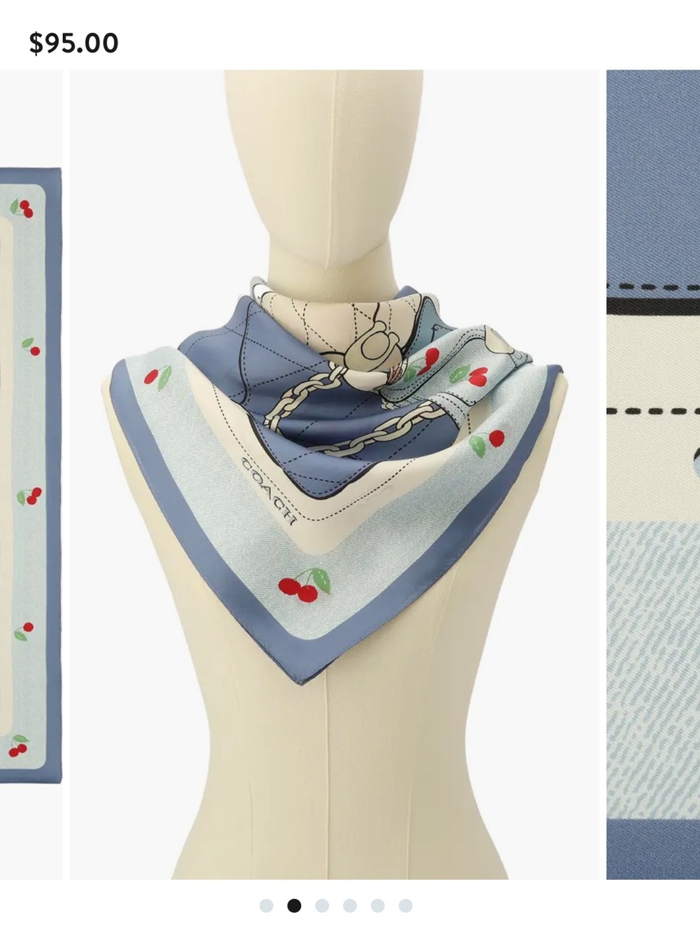 Coach Blue and Cream Silk Scarf with Cherry Motif - Picture 2 of 7